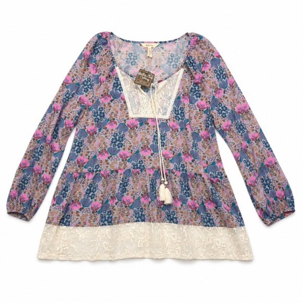 Matilda Jane Womens XS Tunic Blouse Floral Lace Tassel Boho Blue Pink NWT - Picture 2 of 9
